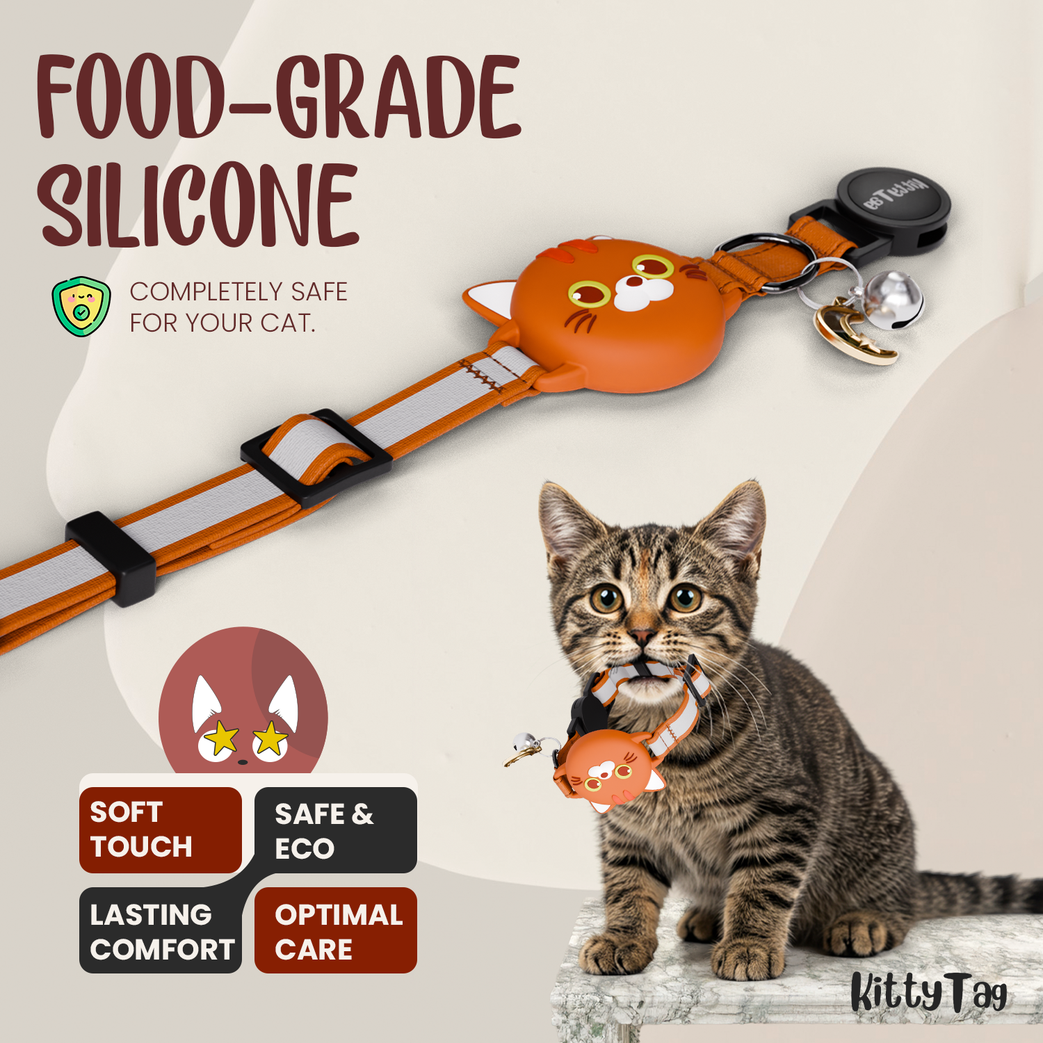 Orange Cat Collar AirTag, Adjustable, Reflective, Breakaway