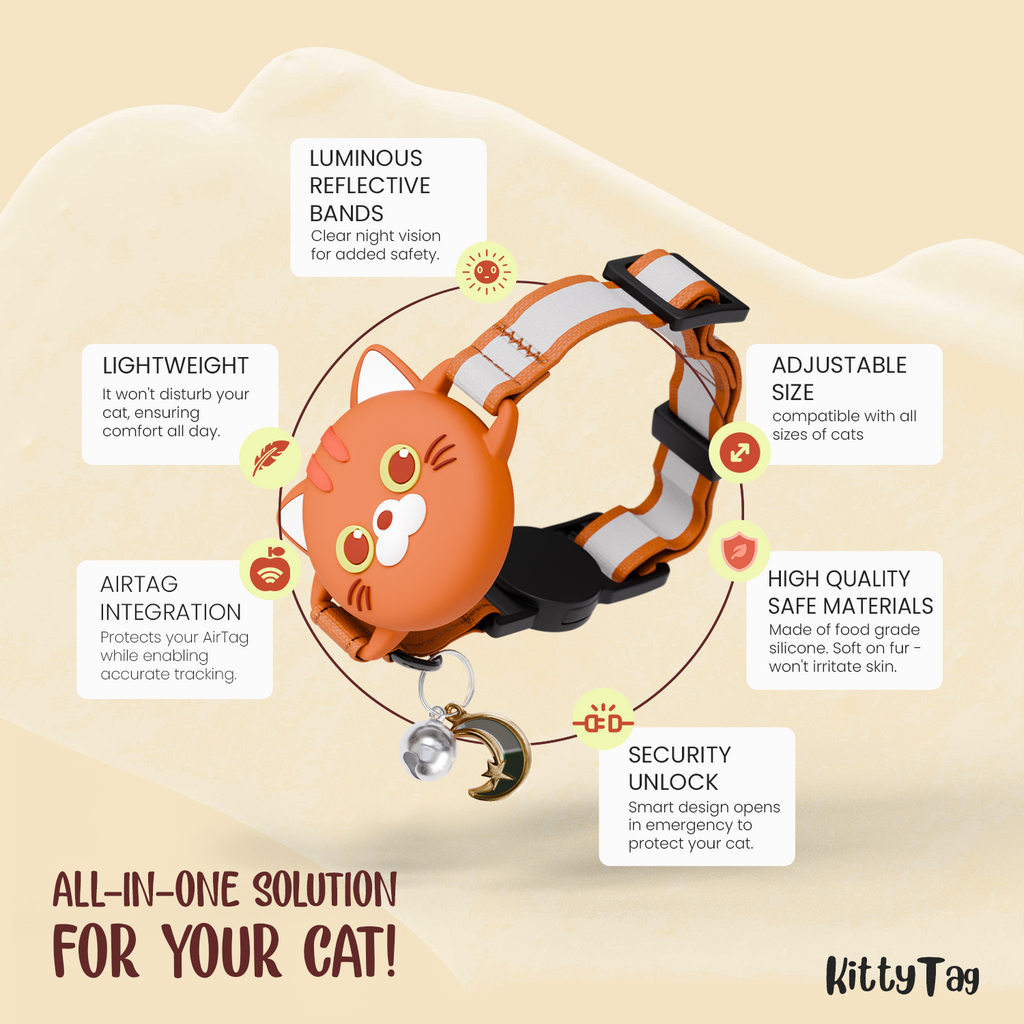 Orange Cat Collar AirTag, Adjustable, Reflective, Breakaway