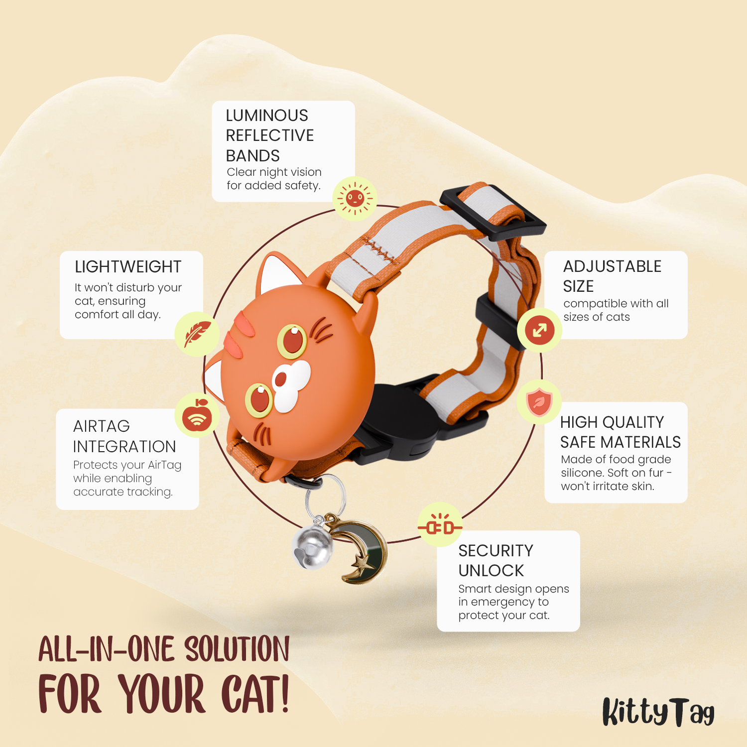 Orange Cat Collar AirTag, Adjustable, Reflective, Breakaway
