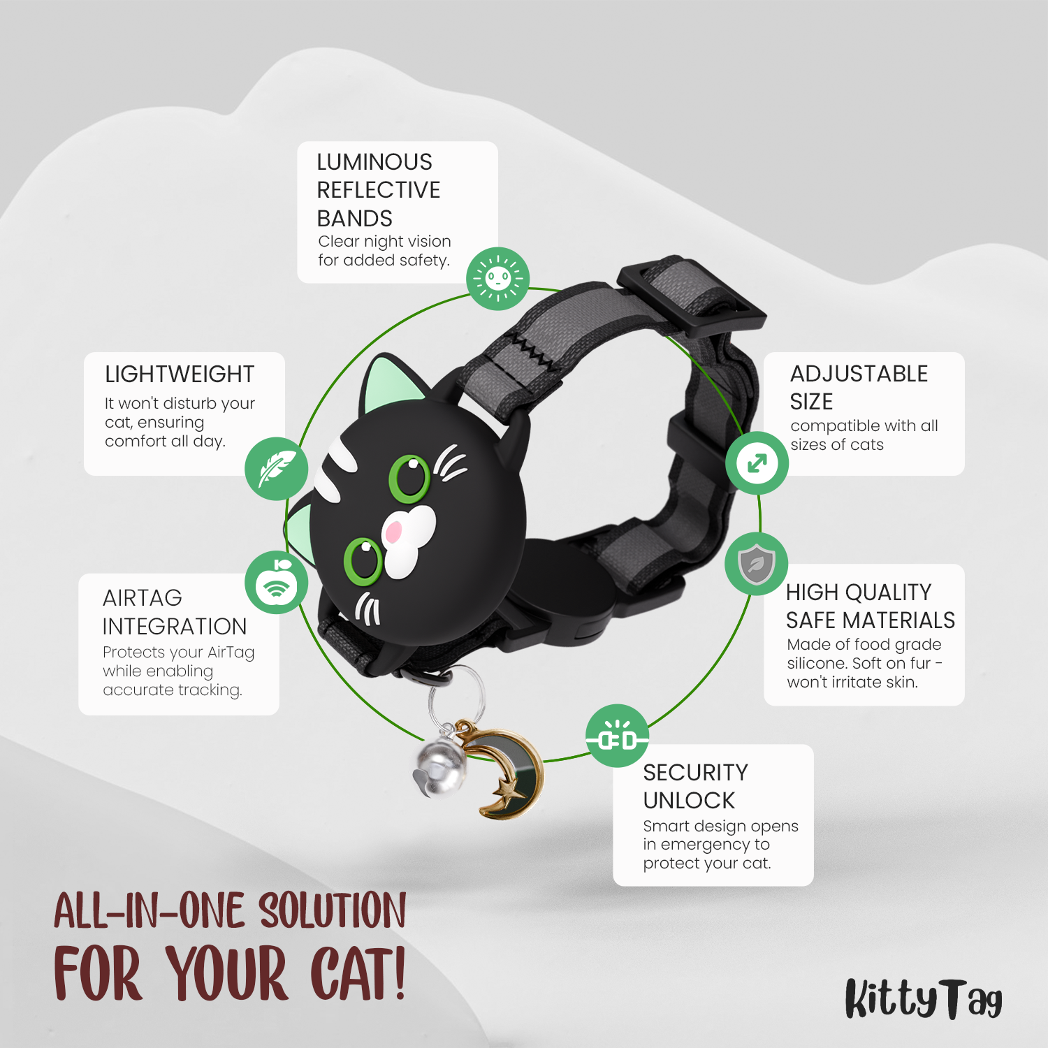 Black Cat Collar AirTag, Adjustable, Reflective, Breakaway