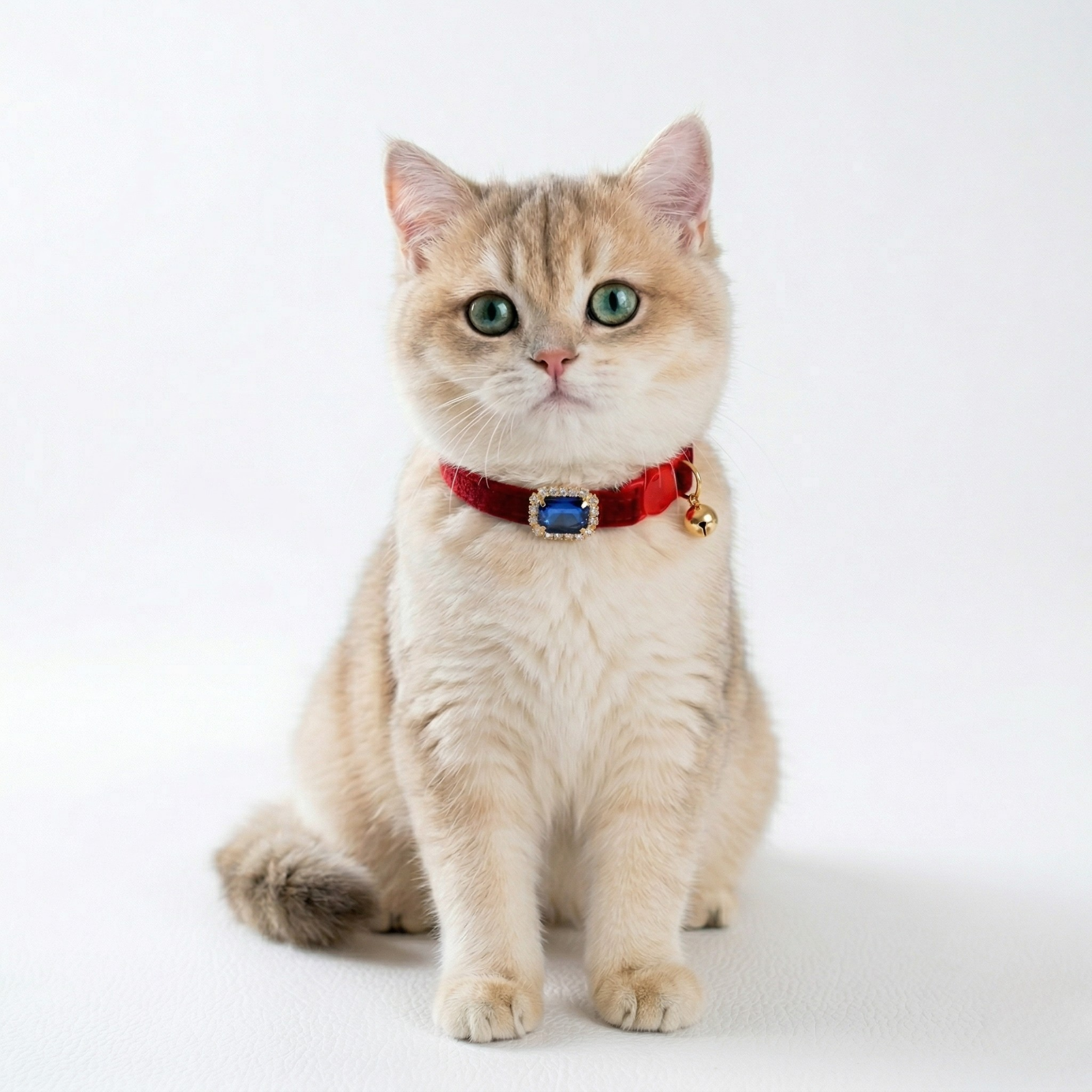 Red velvet cat collar with blue sapphire rhinestone and breakaway safety buckle — KittyTag handmade — view 2